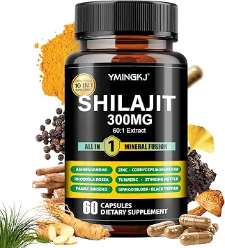 Shilajit Capsules 10 in 1 Supplement 60 Capsules - Shilajit Extract with Ashwagandha, Rhodiola Rosea, Panax Ginseng, Cordyceps, Turmeric, Ginkgo, Fulvic Acid Trace Minerals Supplement, Gluten Free