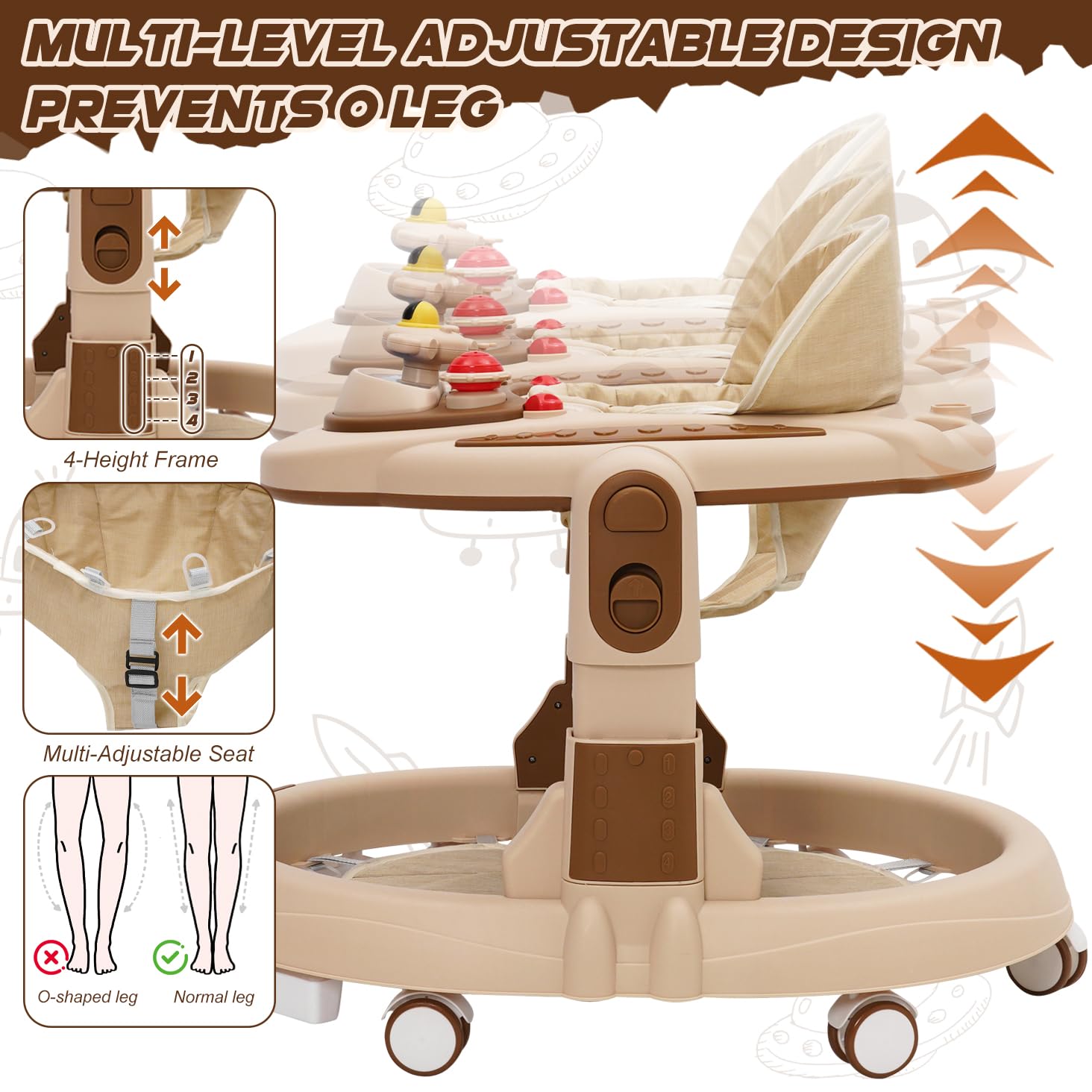 Baby Lauflernhilfe,Baby Walker 4-stufige Höhenverstellbar mit Musikablage und Spielcenter,Lauflernwagen mit Leisen 360°-Laufrädern,Lauflernwagen für Kinder von 9 bis 18 Monaten
