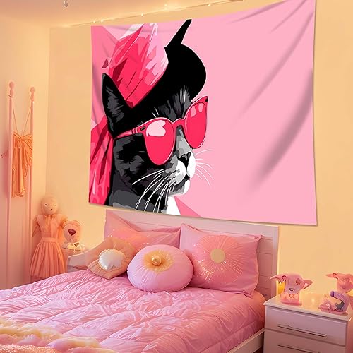 Miniatura 5 de QGHOT Tapiz divertido de gatos, animales divertidos para colgar en la pared, gato rosa con gafas de sol, tapiz colgante de pared para dormitorio,