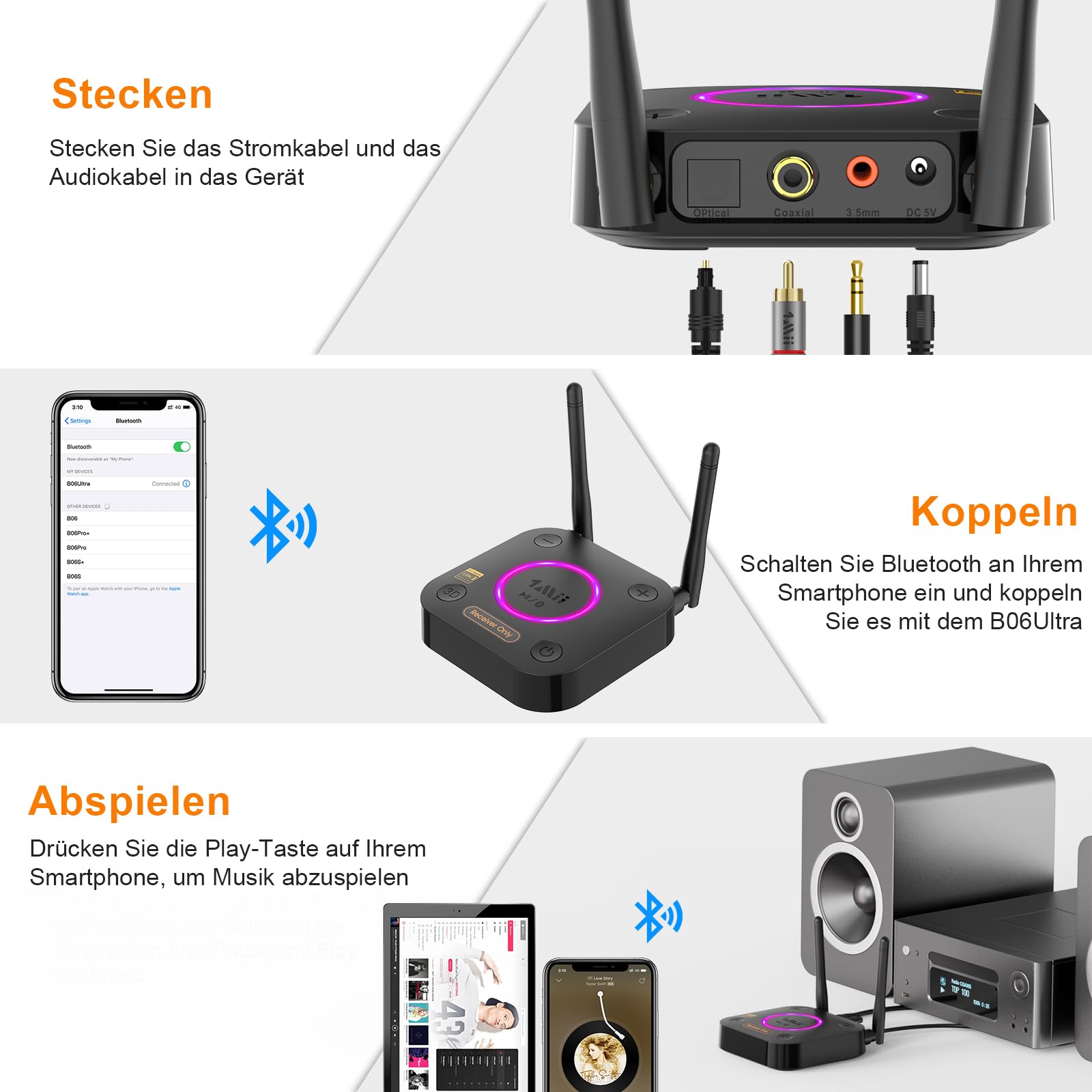1Mii B06Ultra Bluetooth 5.3 Empfänger Stereoanlage HiFi Audio Adapter LDAC aptX HD DAC Optisch Koaxial RCA 3,5mm AUX