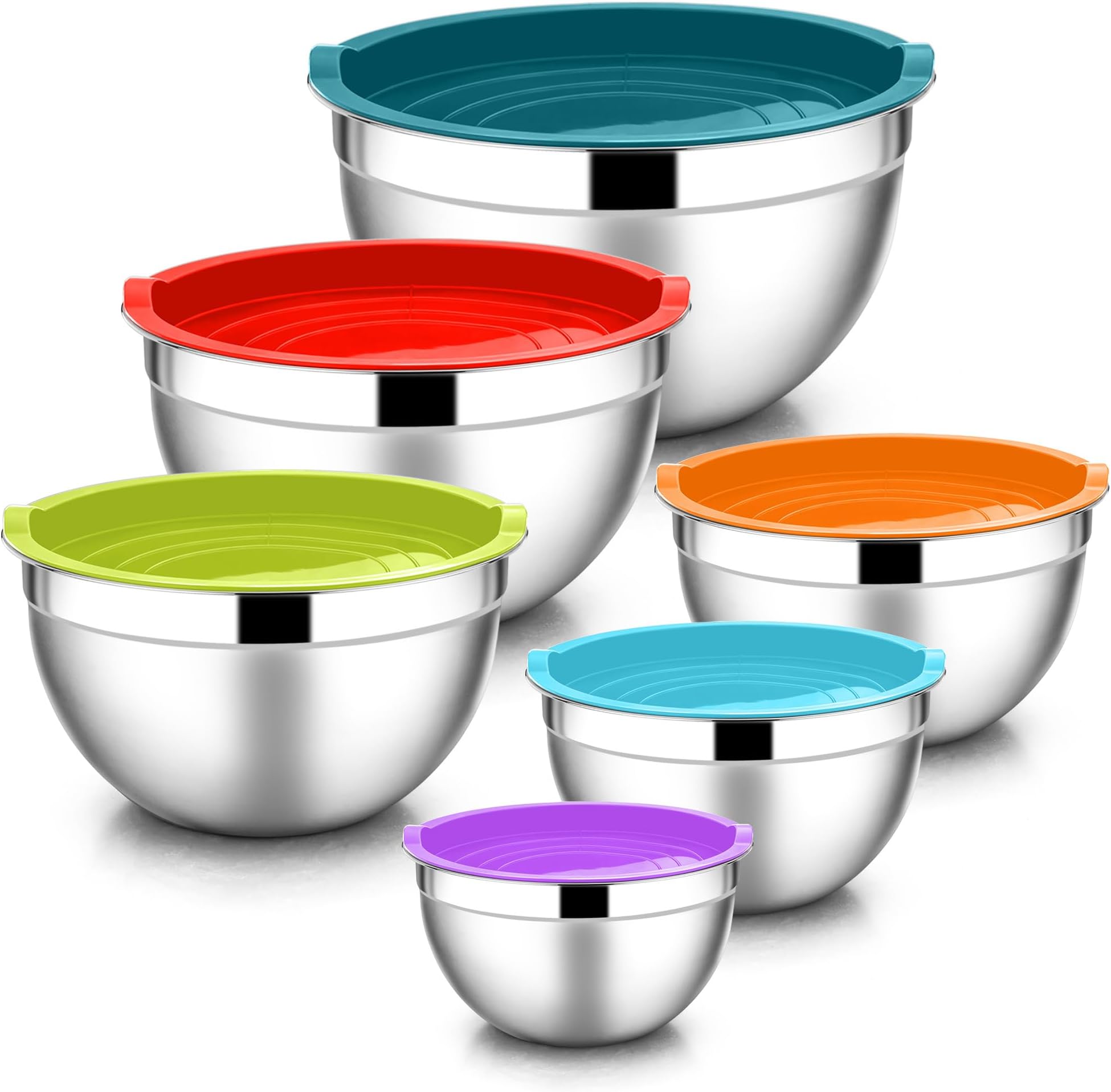 E-far Mixing Bowls with Lids, 12-Piece Stainless Steel Salad Bowls Metal Nesting Bowls for Baking Cooking and Prepping, Airtight Lids & Stackable Design, Size 7, 4.5, 3, 1.5, 1.2, 0.7 QT (Colorful)