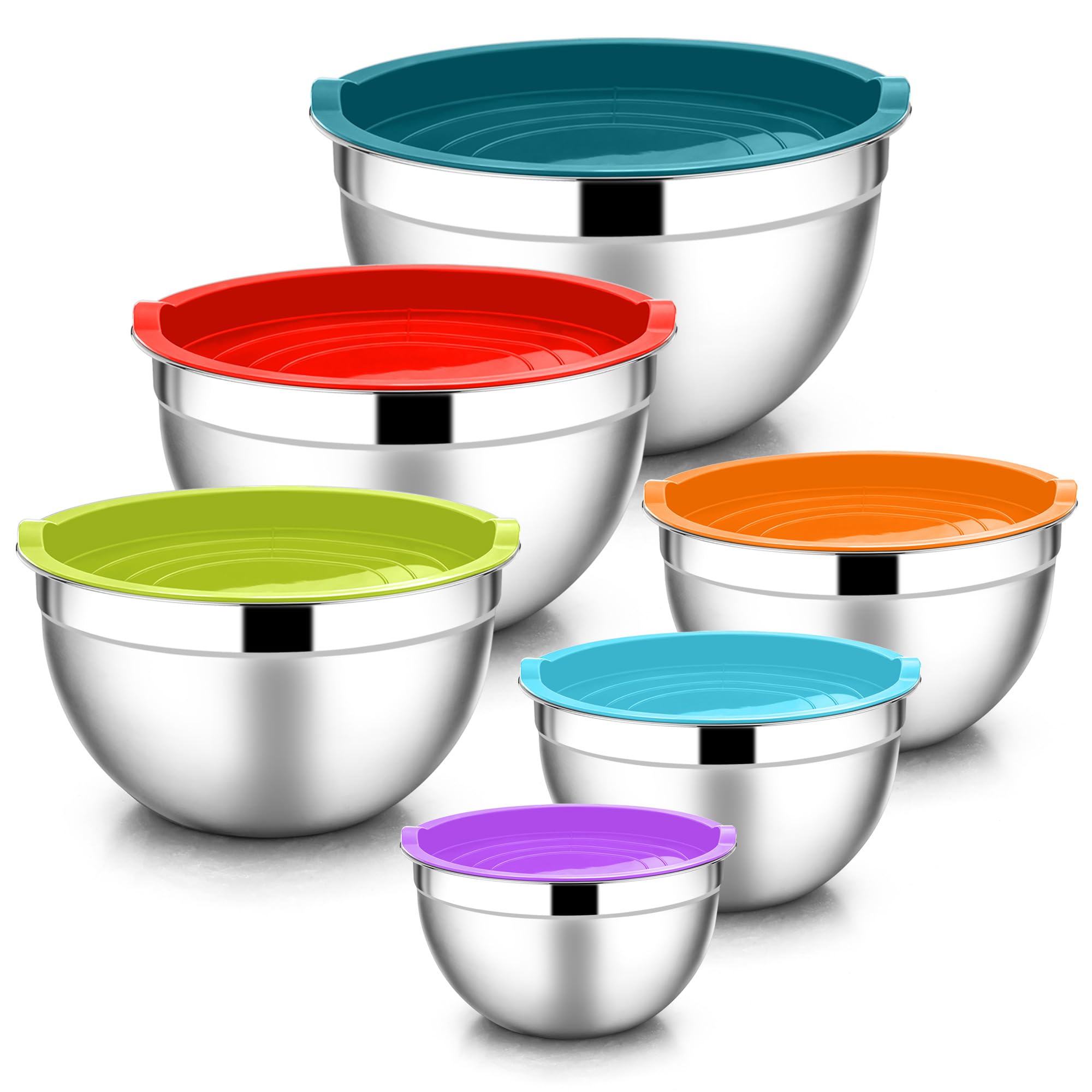 E-far Mixing Bowls with Lids, 12-Piece Stainless Steel Salad Bowls Metal Nesting Bowls for Baking Cooking and Prepping, Airtight Lids & Stackable Design, Size 7, 4.5, 3, 1.5, 1.2, 0.7 QT (Colorful)