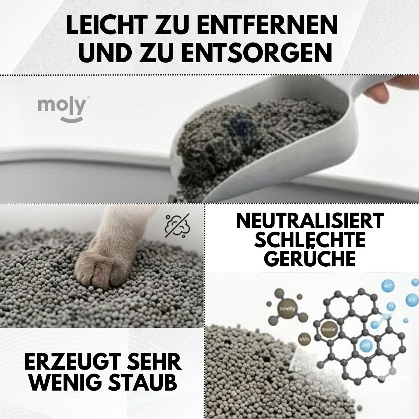 MOLY X3 Bentonit-Katzenstreu mit Aktivkohle, 8,4 kg, 11,1 l, hohe Absorption, Bindemittel mit Lavendel- und Talkum-Duft, vollständige Geruchskontrolle, staubfrei, hygienisches Premiummineralbett