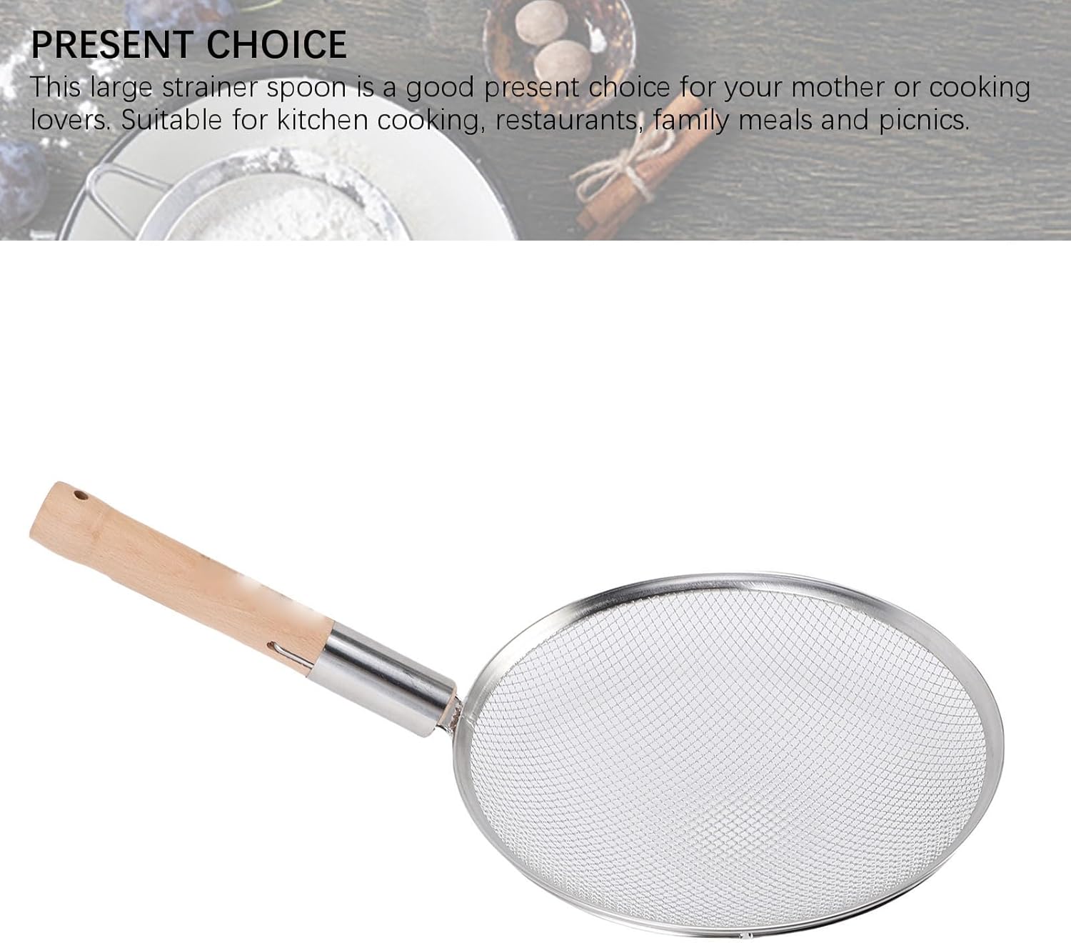 LiebeWH Stainless Steel Skimmer Spoon with Wooden Handle Fine Mesh Food Strainer for Kitchen Cooking Frying Oil Noodles Fruits Vegetables (30CM)