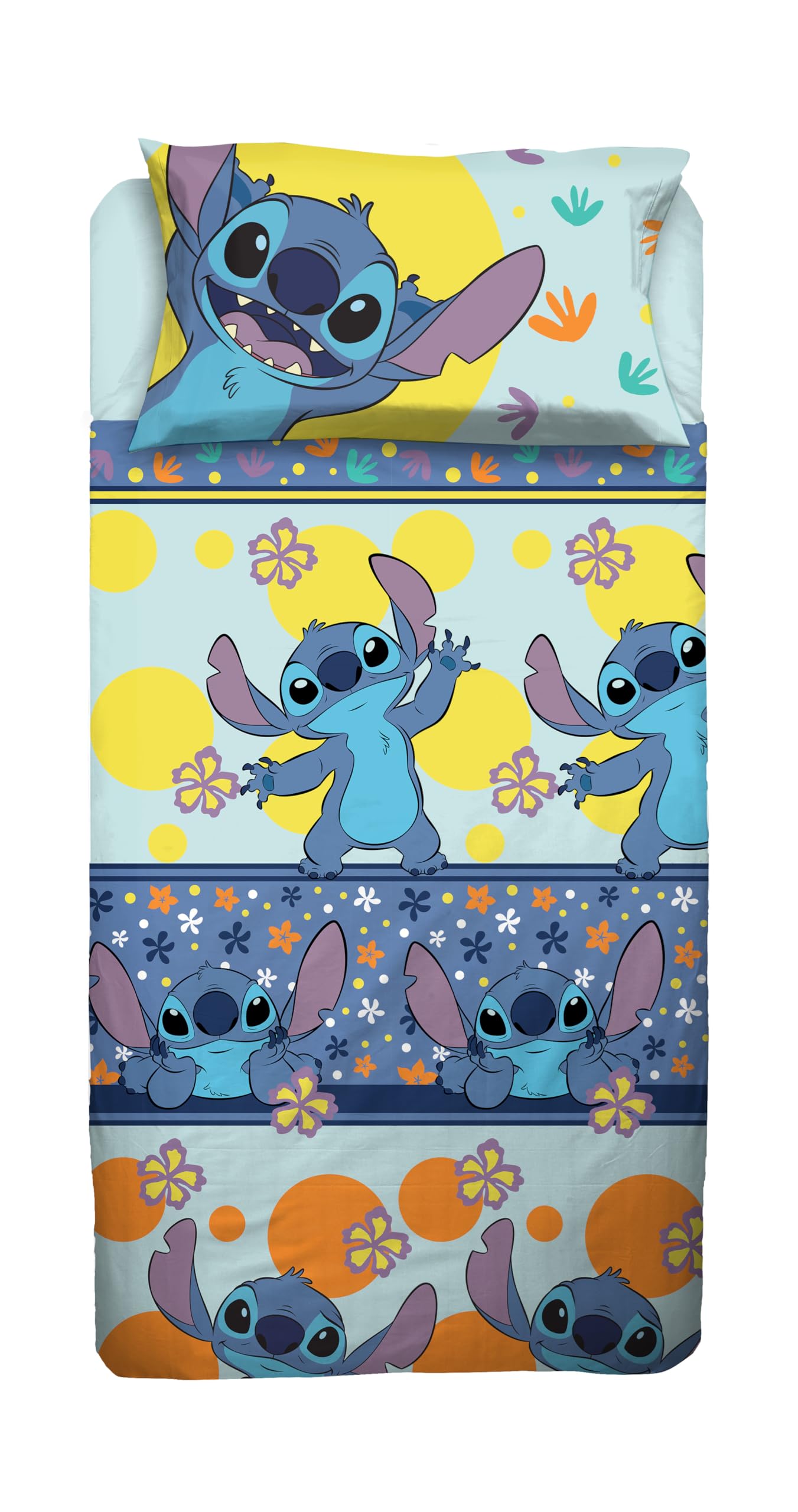 Stitch - Juego de sábanas para Cama Individual Disney, sábana encimera, sábana Bajera Ajustable, Funda de Almohada, Azul, Disney, 100% algodón, Producto Oficial