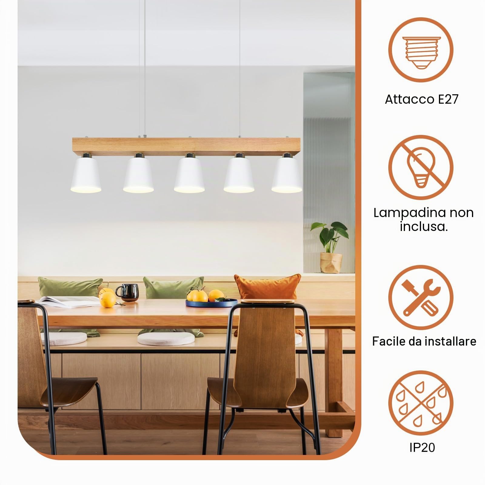 ZMH Lampada a sospensione in legno Lampadario moderni - Bianco lampadario | dimmerabile altezza regolabile E27 luce tavolo da pranzo in ferro per soggiorno ufficio salotto e ristorante