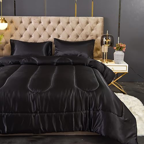 Miniatura 9 de Juego de edredón de satén negro, edredón sedoso de plumón alternativo, relleno de poliéster suave, relleno de poliéster suave, edredón de lujo como
