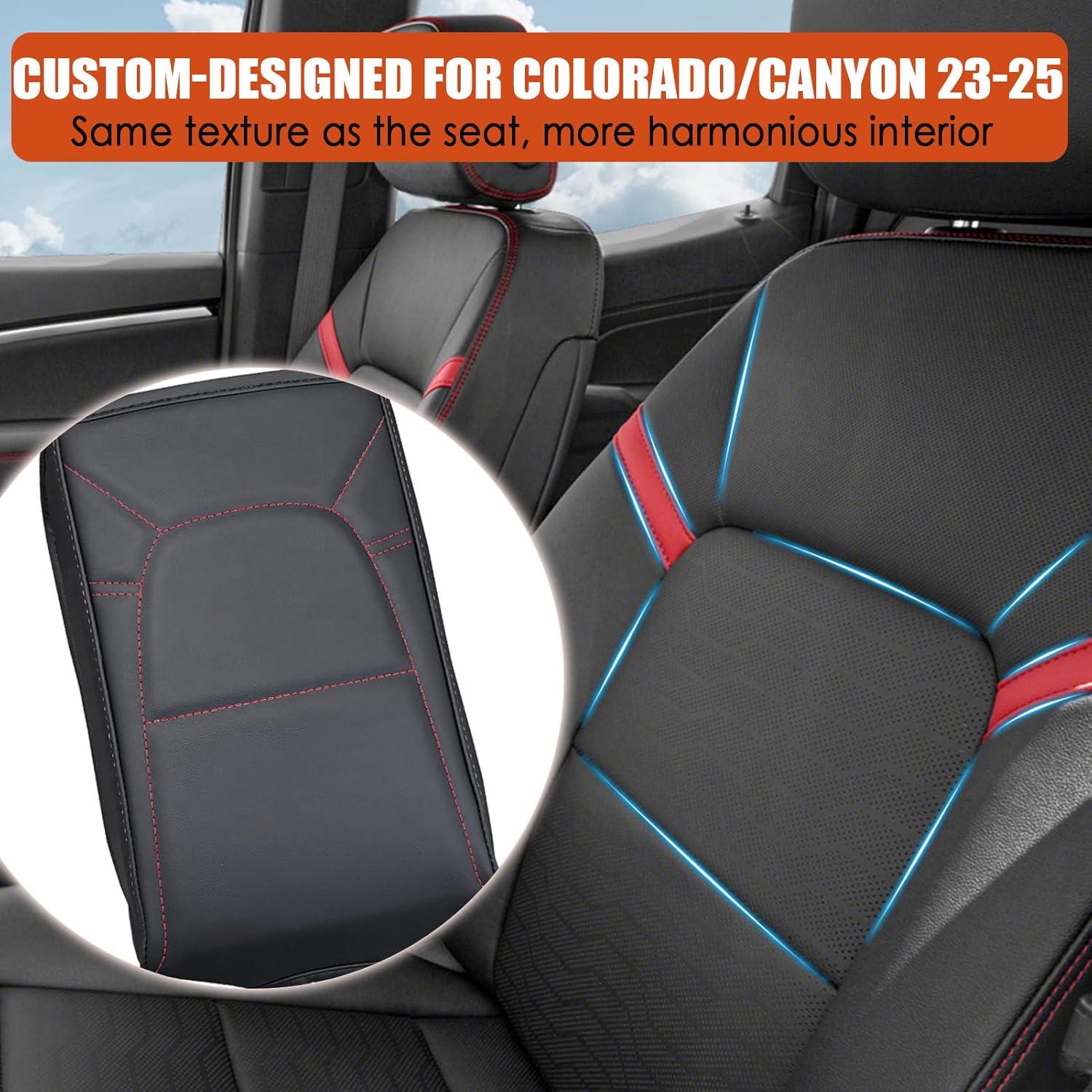 Center Console Cover for Chevy Colorado/GMC Canyon - Soft Armrest Cover for Colorado Canyon 2023 2024 2025 2026 ZR2 Z71 Trail Boss LT WT Elevation AT4 Denali AT4X Accessories - Red Stitch