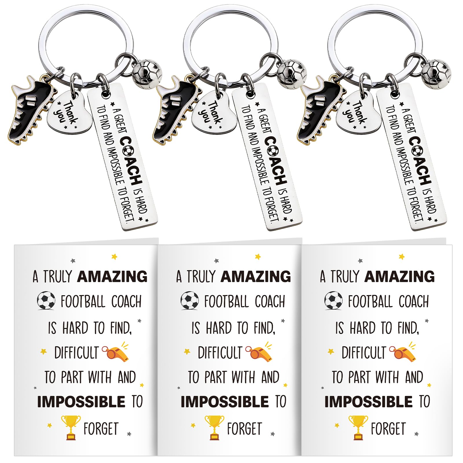 DOORIO 3 Sets Football Coach Keyring Gift Thank You Football Coach Keyring Gifts for Men with Thank You Card for Football Coach Manager Farewell Gifts (B, 3Pcs)