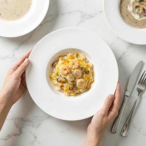 Miniatura 6 de Plato de sopa de cerámica de borde ancho, cuenco de sopa de 14 onzas, juego de 4 cuencos para pasta, platos blancos poco profundos con borde