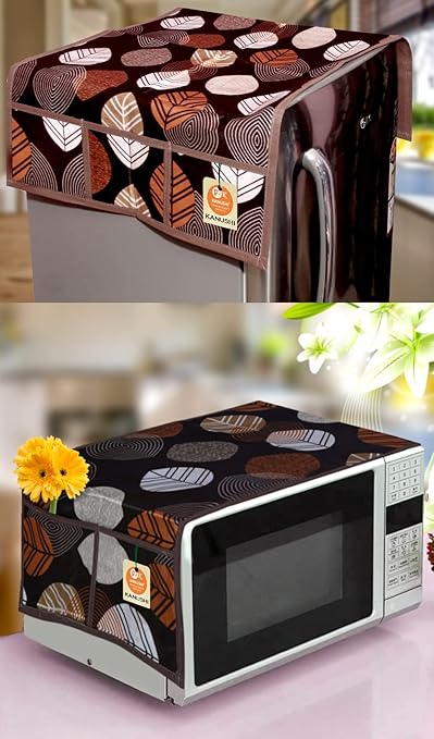 KANUSHI Industries Microwave/Oven Top Cover with 4 Utility Pockets + 1 Pc Fridge Cover for Top (Color : Brown)(FRI+Micro-Long-Leaves-Brown)