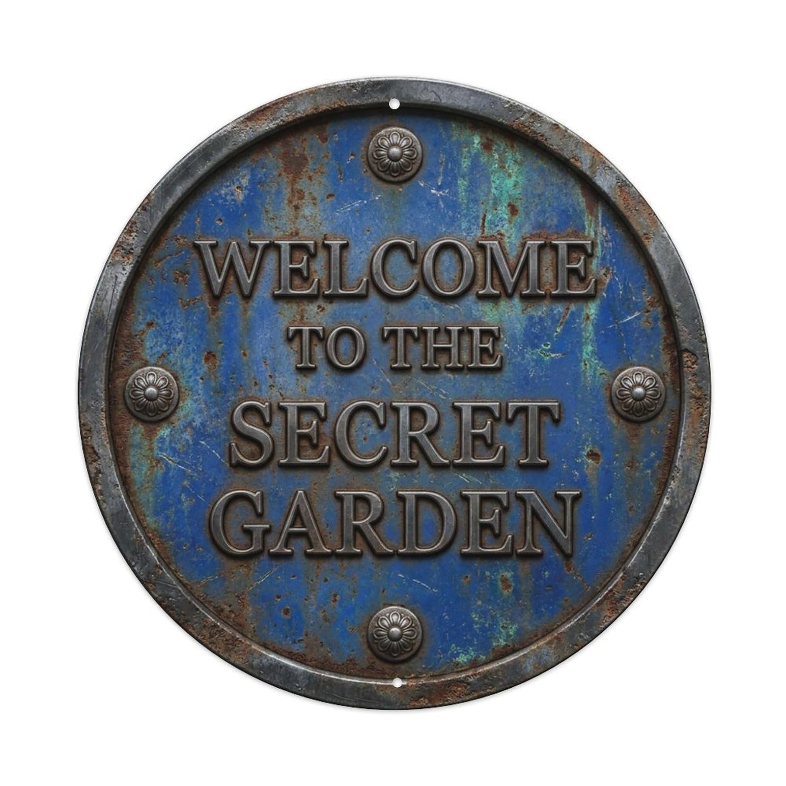 Vintage Welcome Secret Garden Gunmetal Cobalt Metal Tin Sign