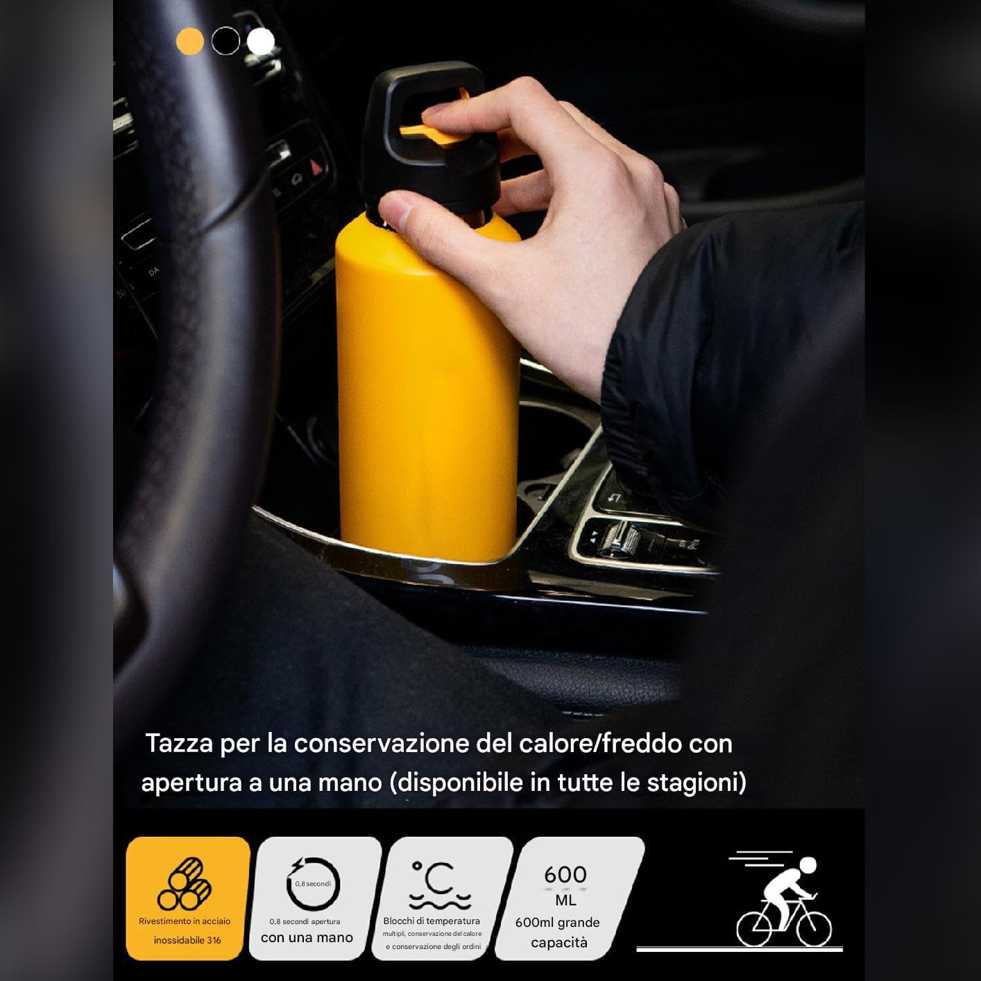 Borraccia in Metallo 600ml Acciaio Inossidabile con Apertura Facile | Borraccia Termica Isolata per Bevande per Sport Viaggio Ciclismo Escursionismo Ufficio Casa Palestra Tè Caffè Latte