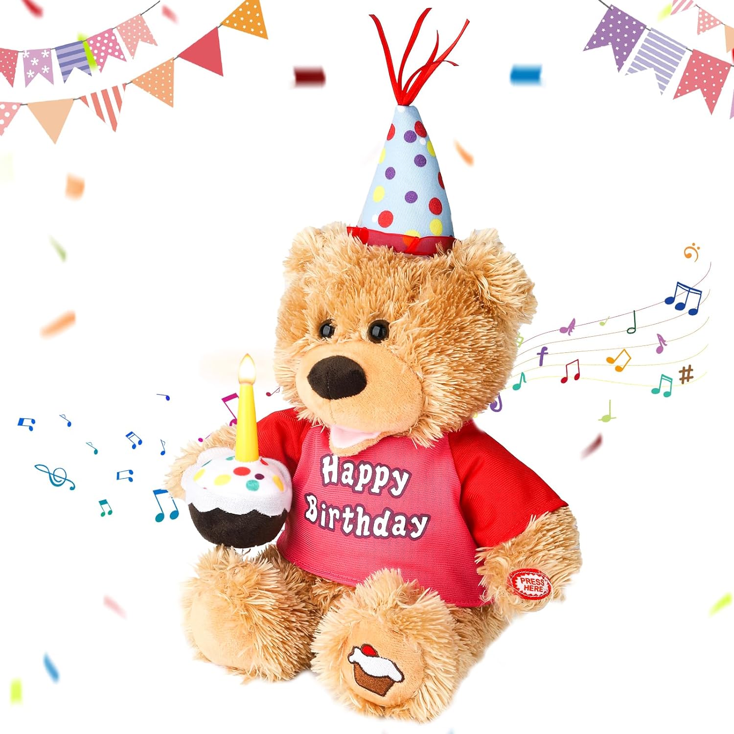 Dancing Singing Happy Birthday Interactive Teddy Bear Stuffed Animal W/Cupcake,Singing Stuffed Animals Musical Animated Plush Toy W/Glow Candle, Teddy Bear Birthday Gift for Kids Adults,12"