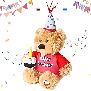 Happy Birthday Interactive Teddy Bear with Cupcake, Musical Animated Plush Toy with Glow Candle, Teddy Bear Birthday Gift for Kids Adults,12 Inchs - Buy now