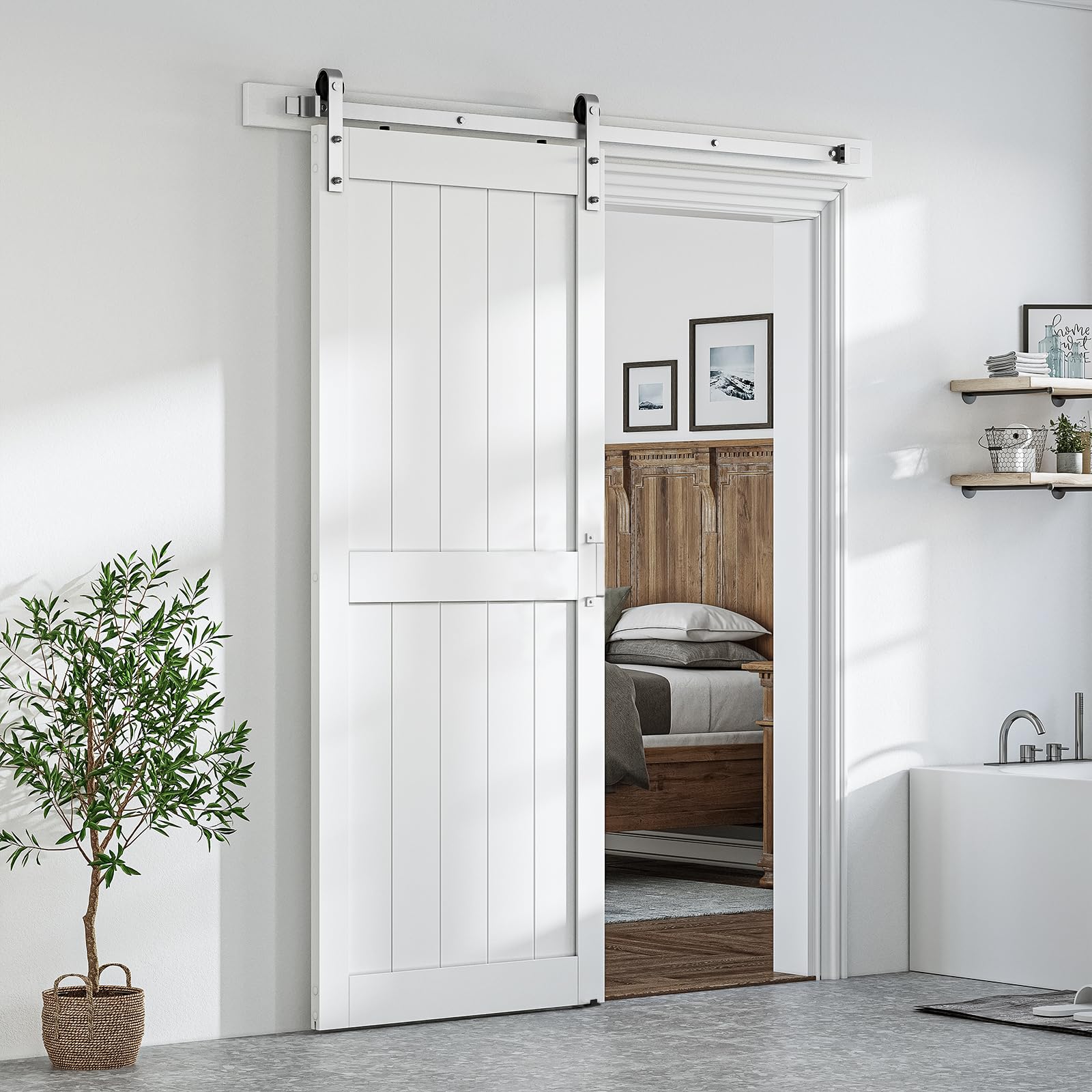 SmartStandard 34 x 84 inch White Sliding MDF Barn Door with 6FT Brushed Nickel Sliding Door Hardware Kit & Handle, Pre-Drilled Ready to Assemble, Waterproof PVC Coating, H-Frame