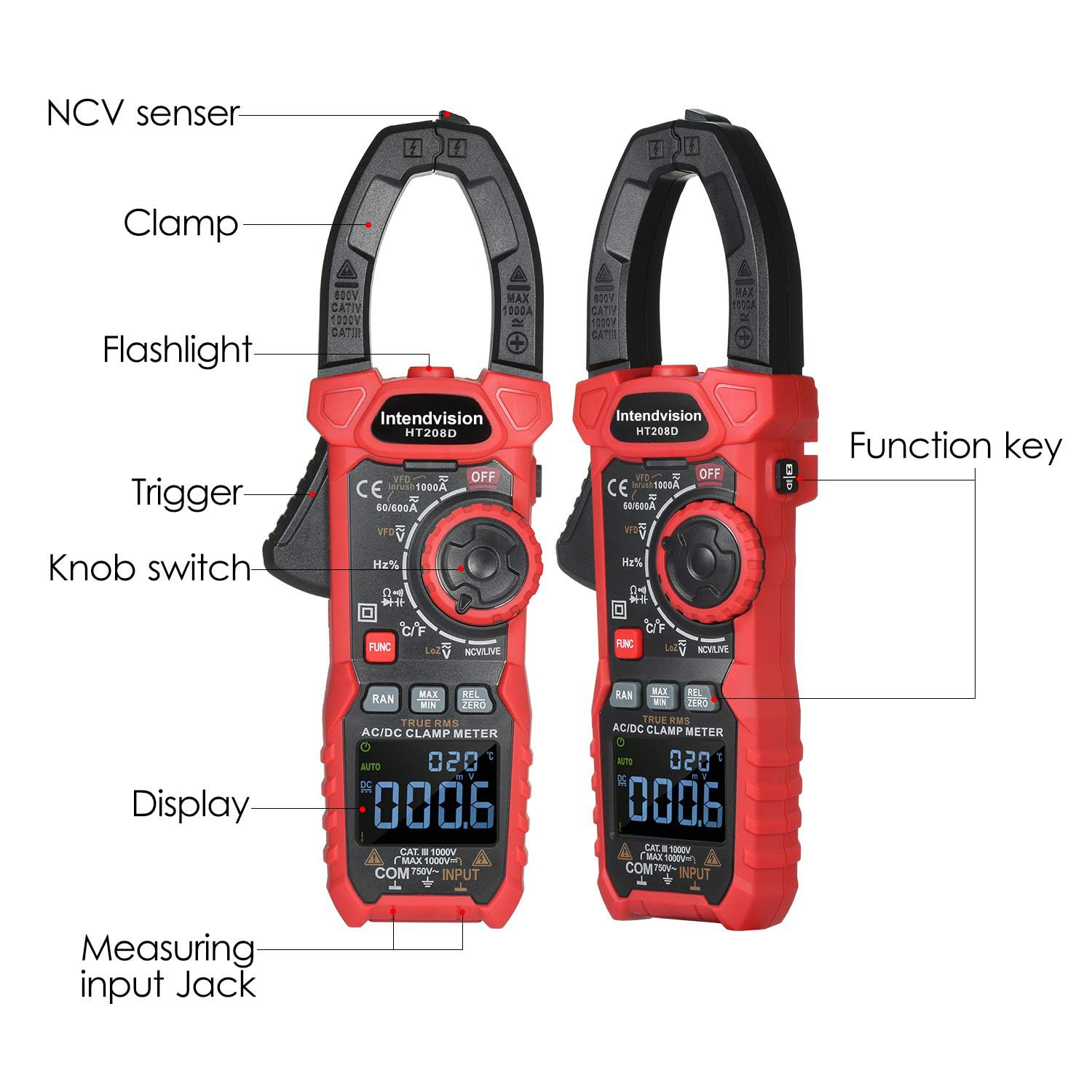 Intendvision Inrush Clamp Meter 1000A True RMS AC/DC Current Amp Meter, VFD, LOZ Mode, 6000 Counts, Measures Current Voltage Temperature Capacitance Resistance Diodes Continuity Duty-Cycle