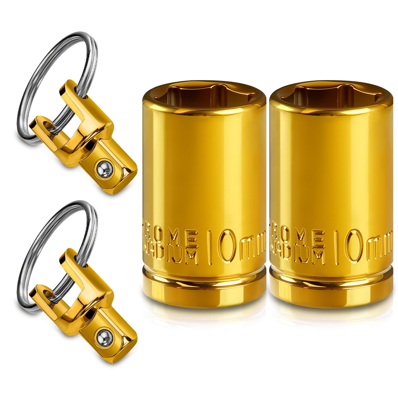 ZHAX 2-Pack 1/4-Inch Drive 10mm Shallow Socket Set-Gold Plated, 6-Point with Detachable Key Ring, CR-V Steel, for Automotive & DIY