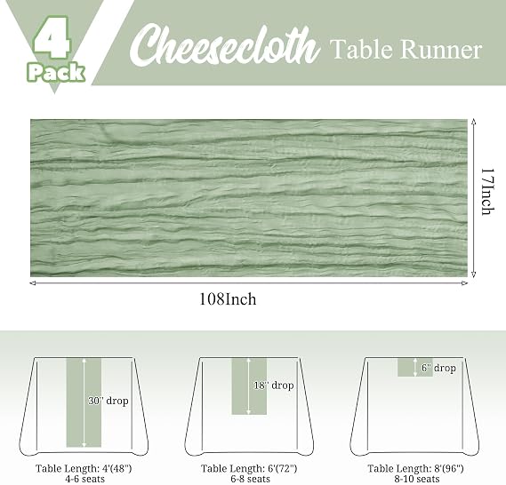 4 Pack Sage Green Table Runner 17 x 108inch Cheesecloth Table Runner Boho Gauze Table Runners for Dining Table Rustic Sheer Fabric Table Runners for Wedding Party Bridal Shower Spring