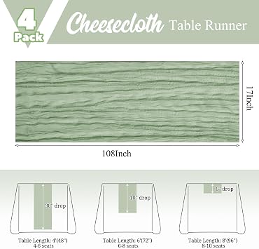 4 Pack Sage Green Table Runner 17 x 108inch Cheesecloth Table Runner Boho Gauze Table Runners for Dining Table Rustic Sheer Fabric Table Runners for Wedding Party Bridal Shower Spring