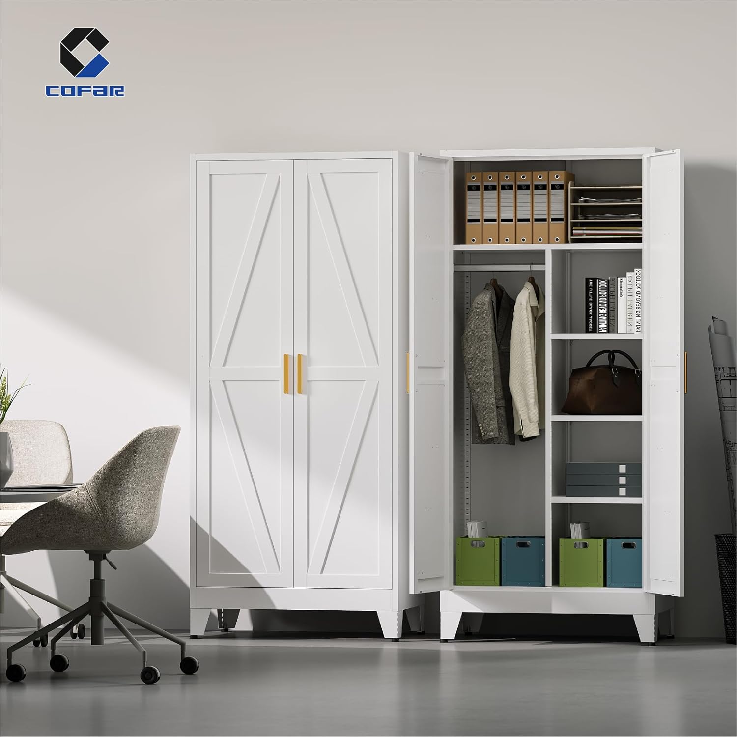 COFaR Metal Wardrobe Closet in an office setting, used for storing files and office supplies.