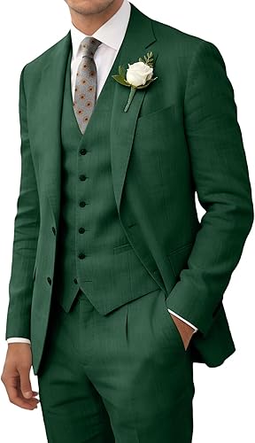 Linen Suits for Men Dark Green Blazer 3 Pieces Summer Thin Light Weight Homecomi