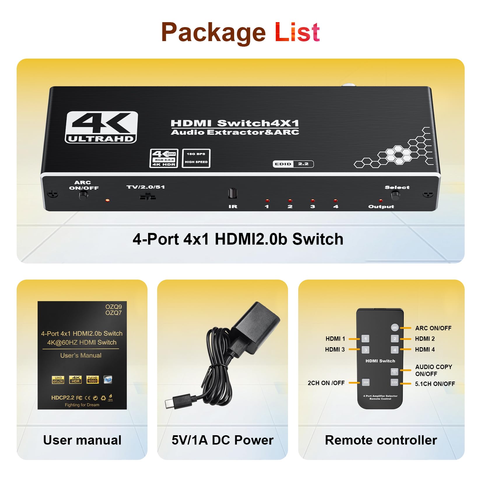 4 porte 4K HDMI Switch Audio Extractor con Toslink ottico SPDIF/coassiale / 3.5mm L/R Audio Out, 4 in 1 Out HDMI 2.0b Switcher con telecomando Supporto ARC, HDR, HDCP 2.2, 18Gbps, 3D