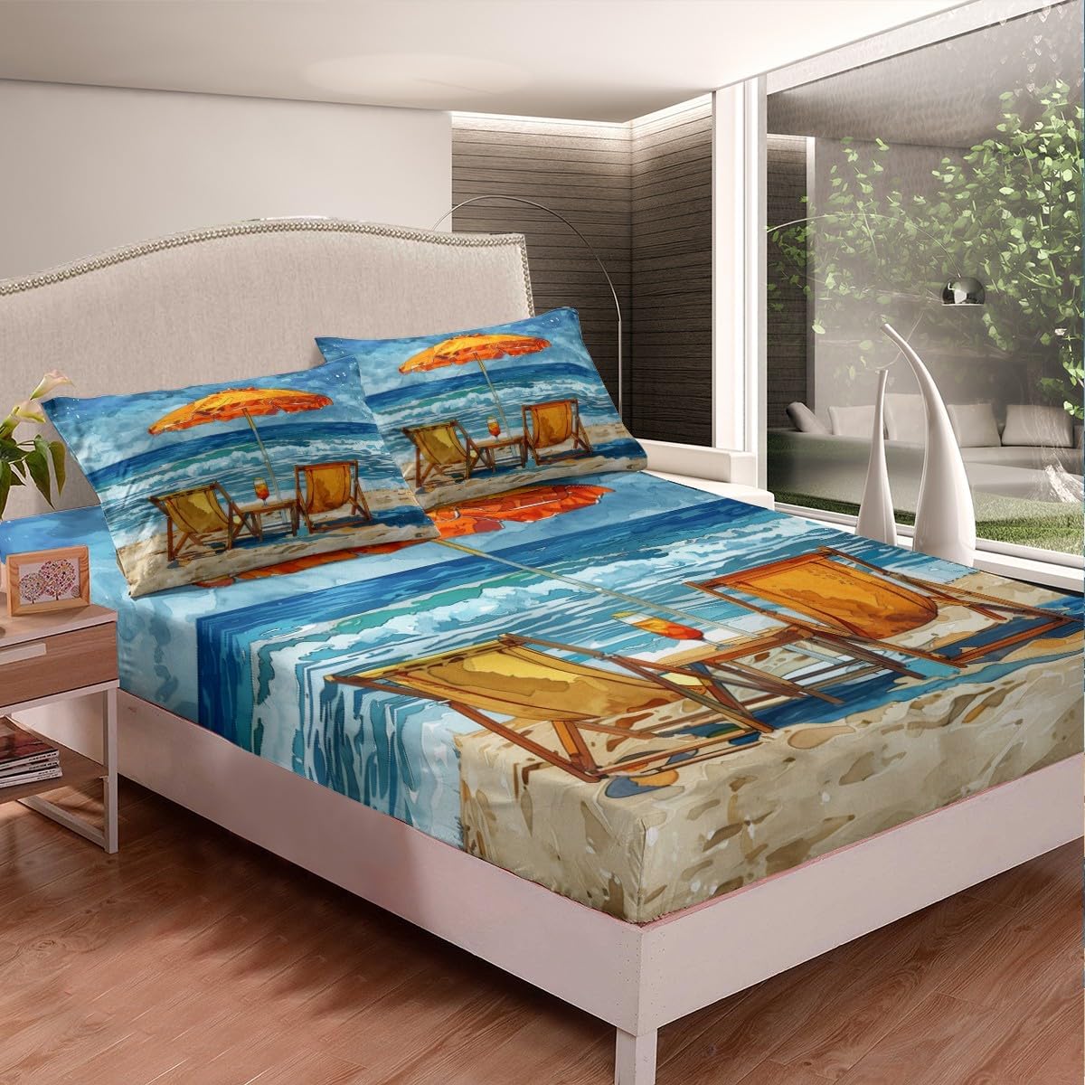 Hawaii Seaside Bed Sheet Set 3 Pieces,Summer Holiday Juice Drink Lake House Bedding Set(No Flat Sheet),Watercolor Blue Ocean Waves Beach Fitted Sheet,2 Pillow Cases,Full Size