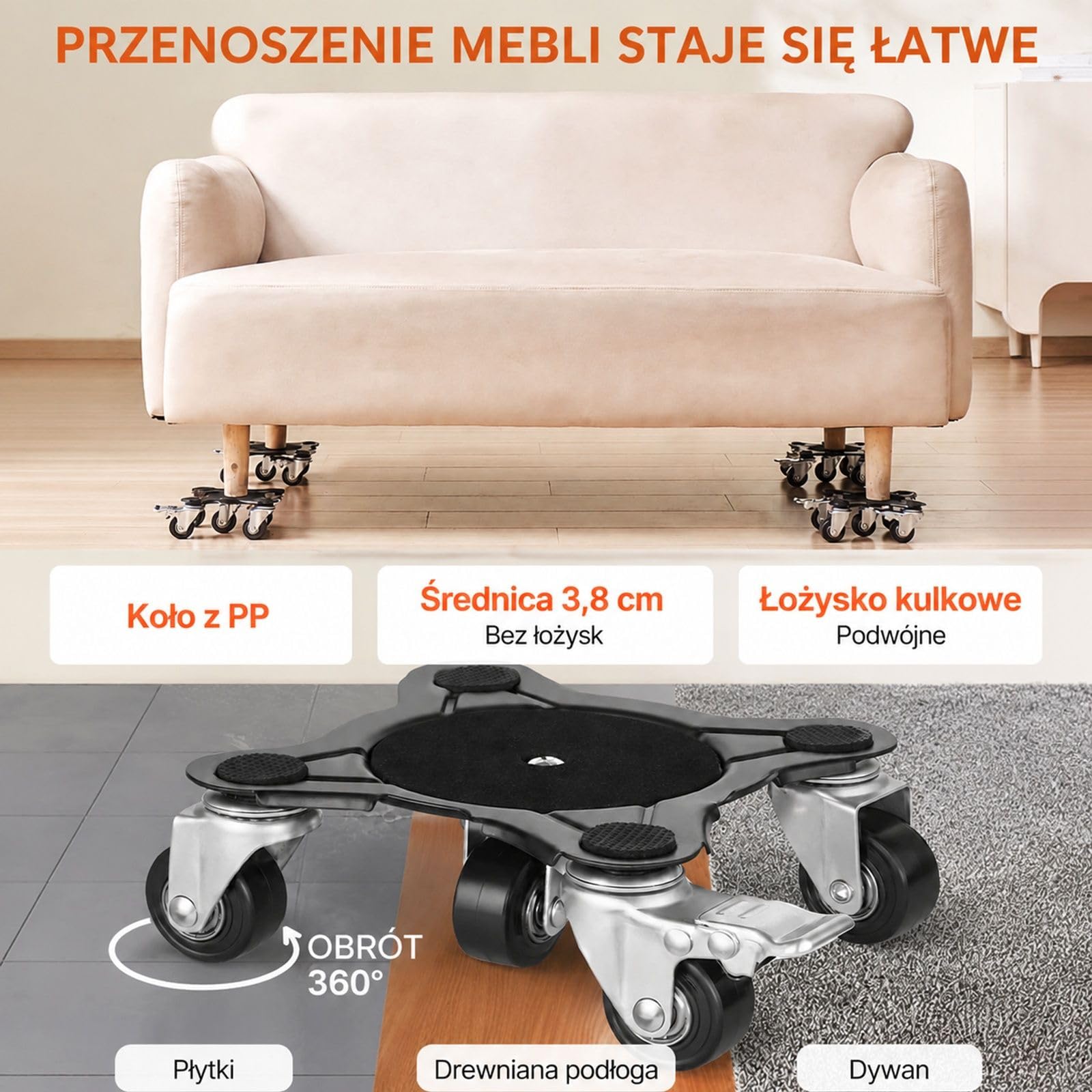 Zestaw 4 wózków meblowych z 5 obrotowymi kółkami, stalowy transporter do sofy, lodówki i pralki, z łomem, podkładkami, rękawicami i torbą