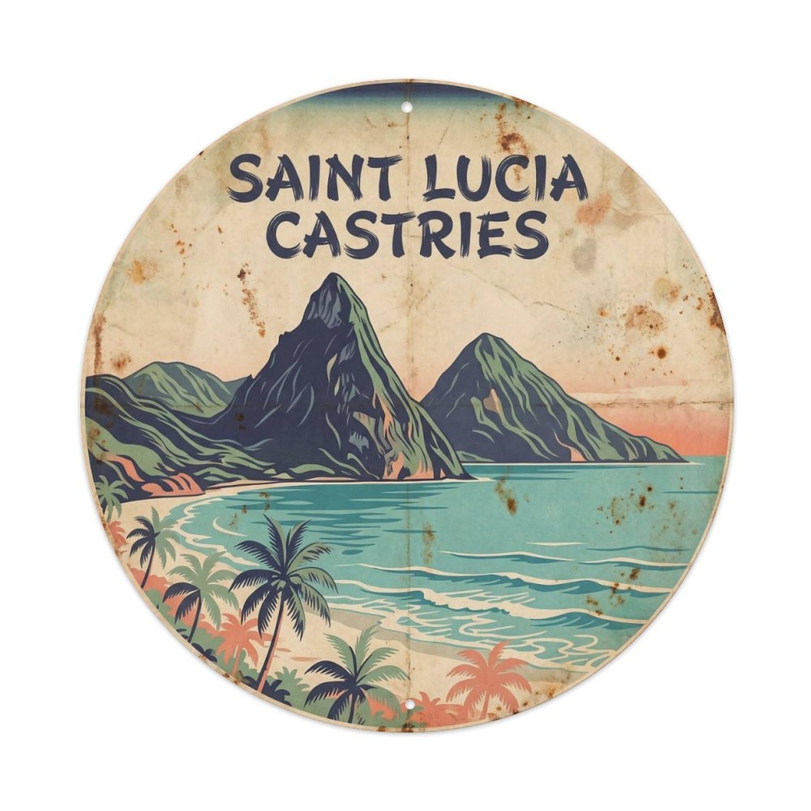Saint Lucia Castries Seaside Scenery Vintage Woodcut Metal Tin Sign