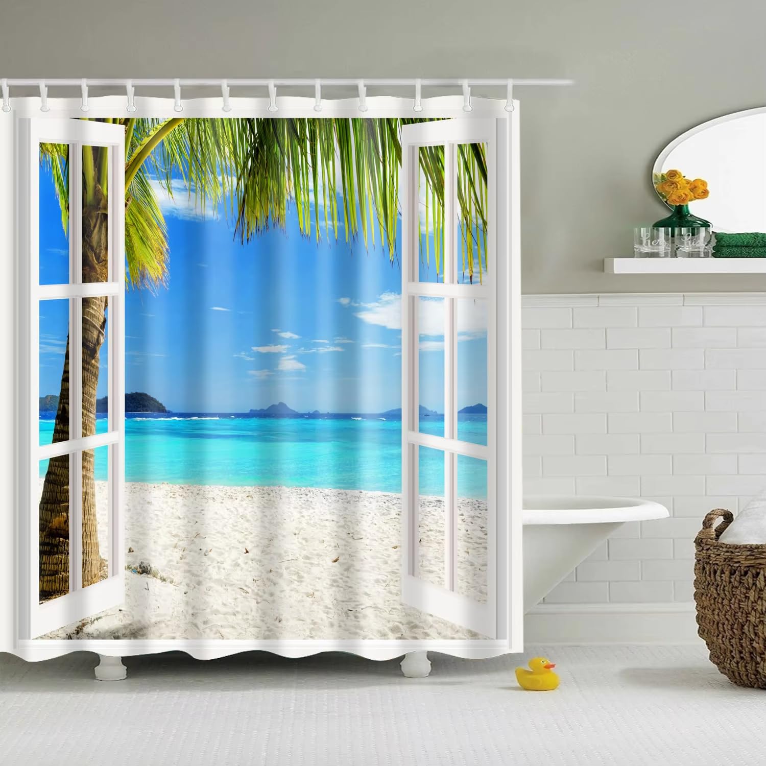 Cortina de Ducha 240x200 Diseño de Palmeras de Playa,Océano Tropical,Verano,Playa,Cielo Azul,Paisaje Costero,Cortina de Baño con Ganchos para Bañera,Ducha,240Anx200Al cm (1 Panel)