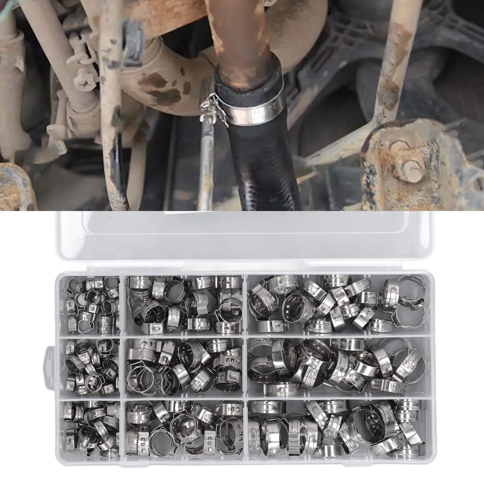 XHTLLO 180Pcs Stainless Steel Fuel Hose Clamps Kit, Single Ear Injection Line Accessories with Storage Box