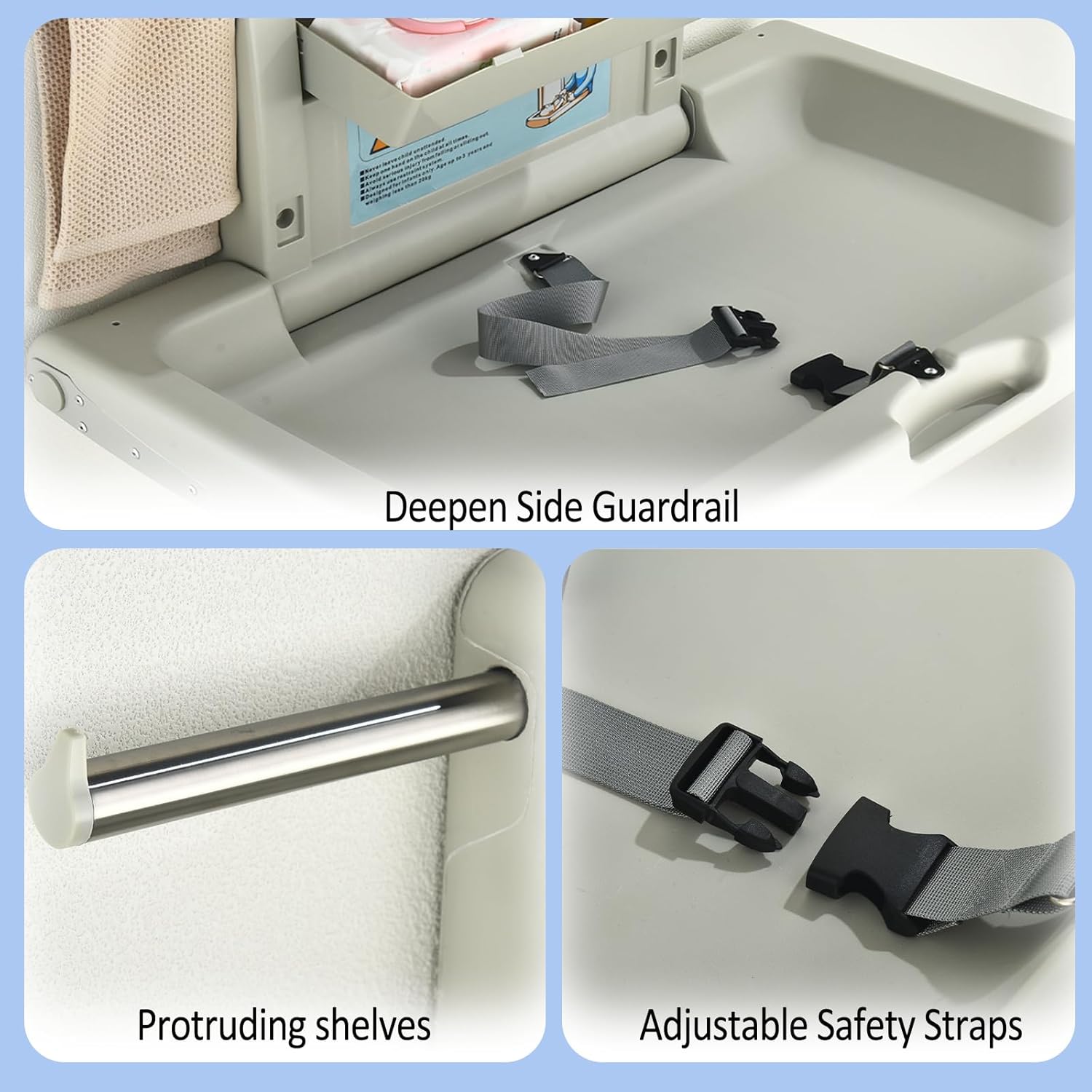 Fold-Down Baby Changing Station - Wall-Mounted, Space-Saving Design with Safety Straps for Commercial & Residential Restrooms (Horizontal Version)