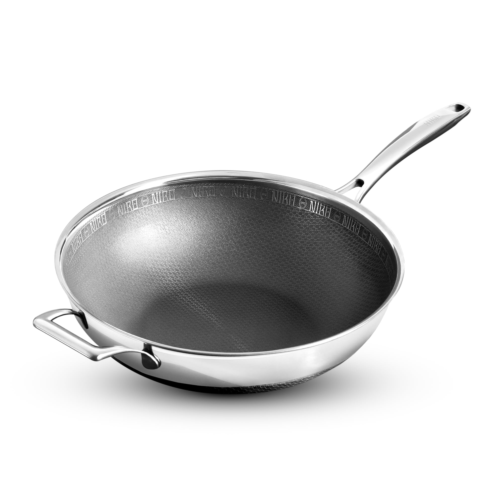 NIRO Wok Antiaderente Ø32 cm, Padella con Rivestimento Antigraffio, Triplo strato (Acciaio Inox e Alluminio), Per Piano Cottura Induzione, Ceramica, Elettrico, Gas e Forno, Manico Anti Scottatura