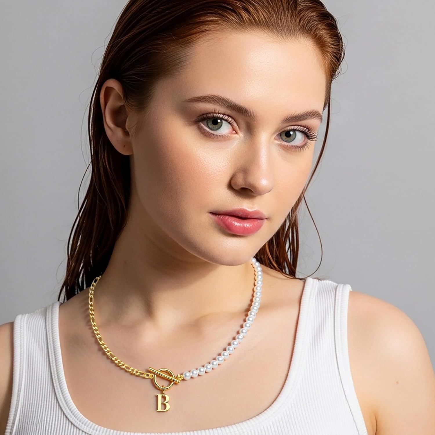 Pearl Initial Necklaces for Women 18K Gold Stainless Steel Letter A-Z Pendant Figaro Chain 16+3 Inch Jewelry Gift for Her - Image 3