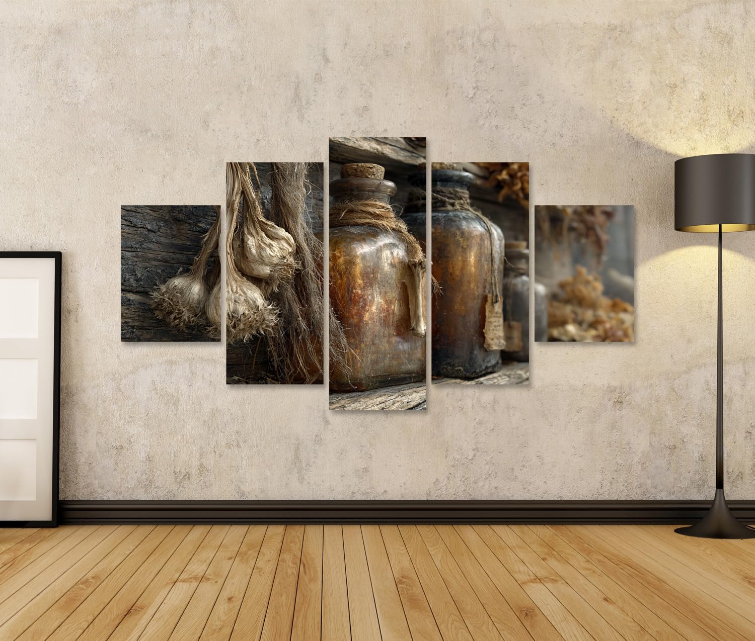 islandburner Bild auf Leinwand Mystisches Flaschen-Ensemble Wandbild für Vintage-Deko im Wohnzimmer - Für Sammler und Nostalgiker - 5-teilig