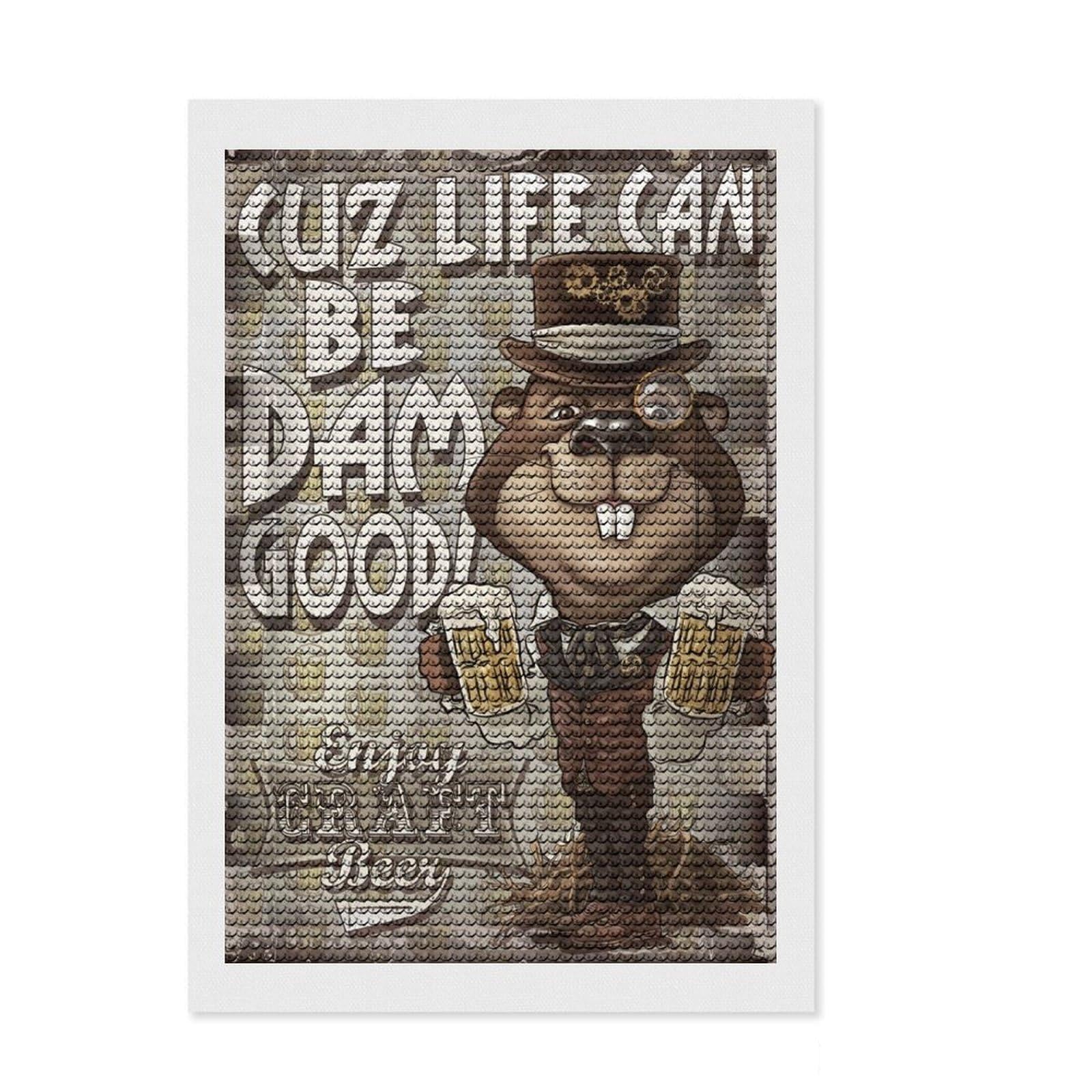 Junmoney Retro Beer Beaver DIY Diamond Art Canvas Kit 8"x12", for Adults, Enjoyable At-Home Hobby, Vintage Style Decor, Gift Idea