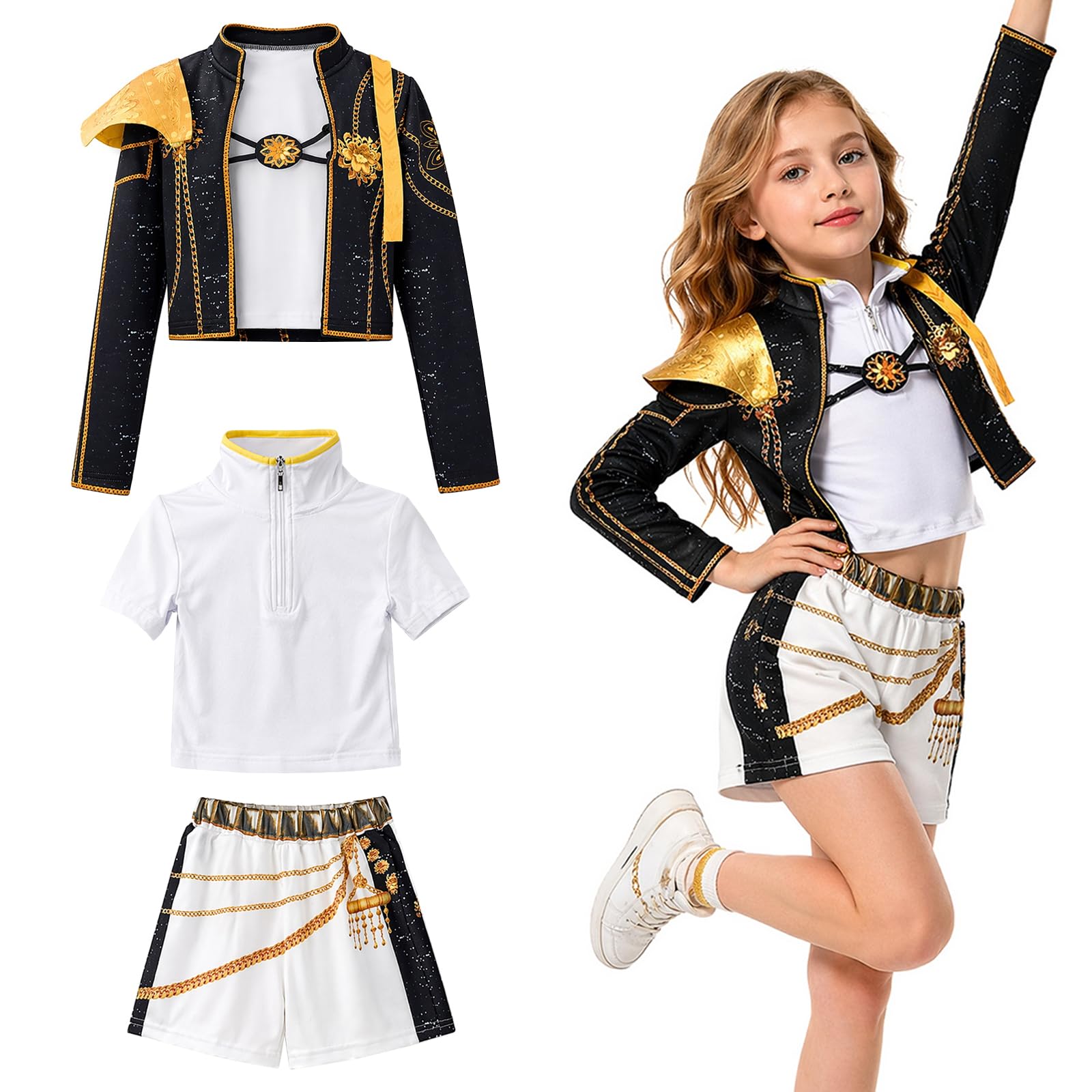 Feibety Anime Cosplay Costume Black Girls Uniform Outfits Set with Jacket Vest and Shorts Halloween Carnival Fancy Dress Cosplay Costumes For Kids (140)