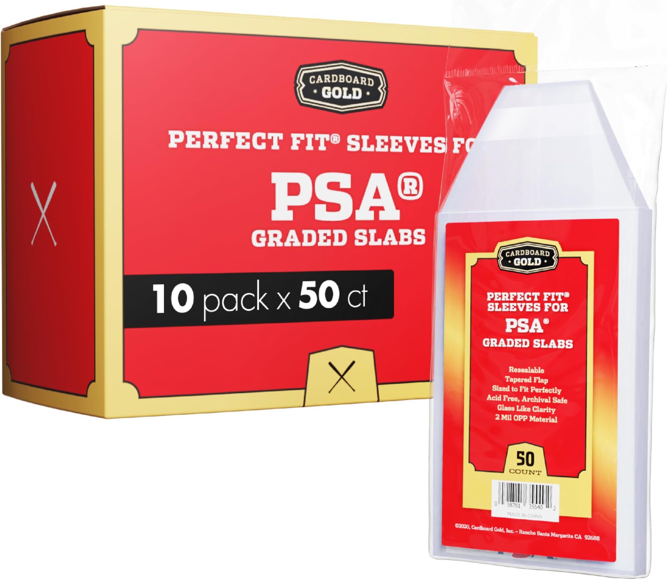 Cardboard Gold PSA Graded Card Sleeves – 50 Count with PSA Logo, Resealable Slabs Sleeve - Precise Fit Slab Protector for Grading Baseball Football Gaming Trading Sports Cards