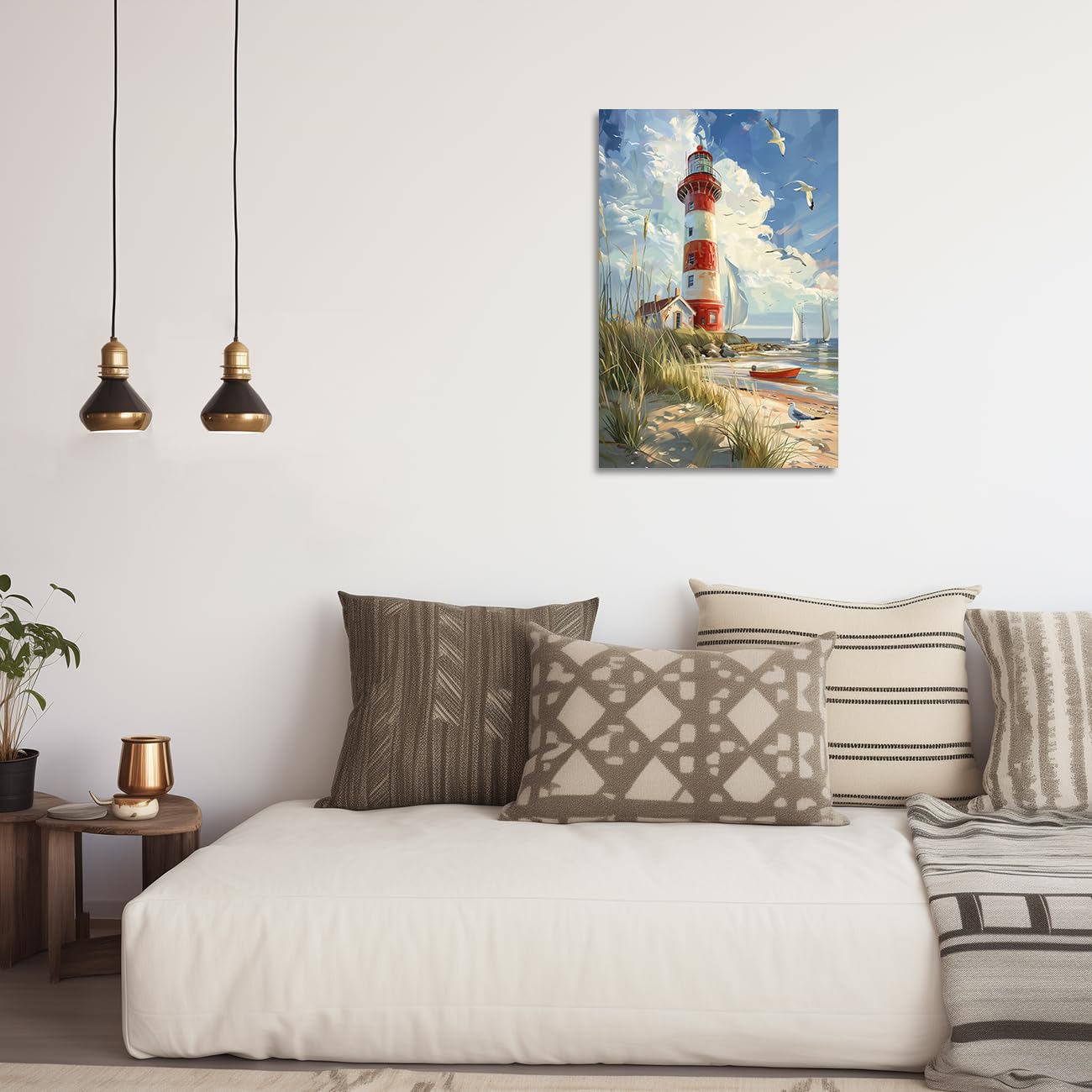ZQQART Leinwandbild Leuchtturm Ozean rote Streifen Küstenbild Gemälde Strand Boot Möwen Kunstwerk Heimwanddekoration 60x90cm