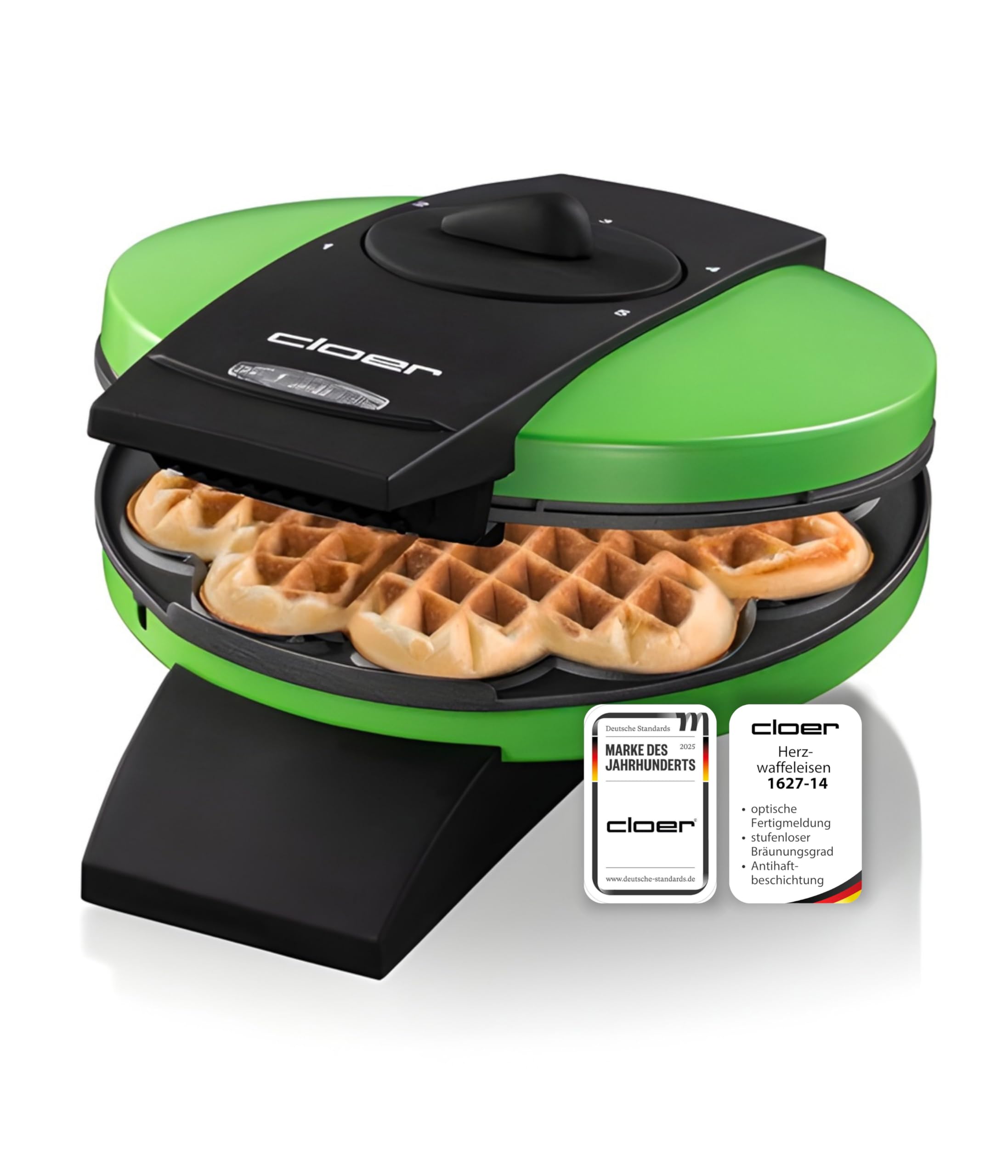 Cloer 1627-14 Waffeleisen für klassische Herzwaffeln, 930 W, Waffelgröße 15,5 cm, stufenlos wählbarer Bräunungsgrad, Grün