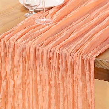 DeZerlor Peach Cheesecloth Table Runner Summer Table Runner Boho Gauze 120 Inches Cheese Cloth Table Decor for Wedding Bridal Baby Shower Parties