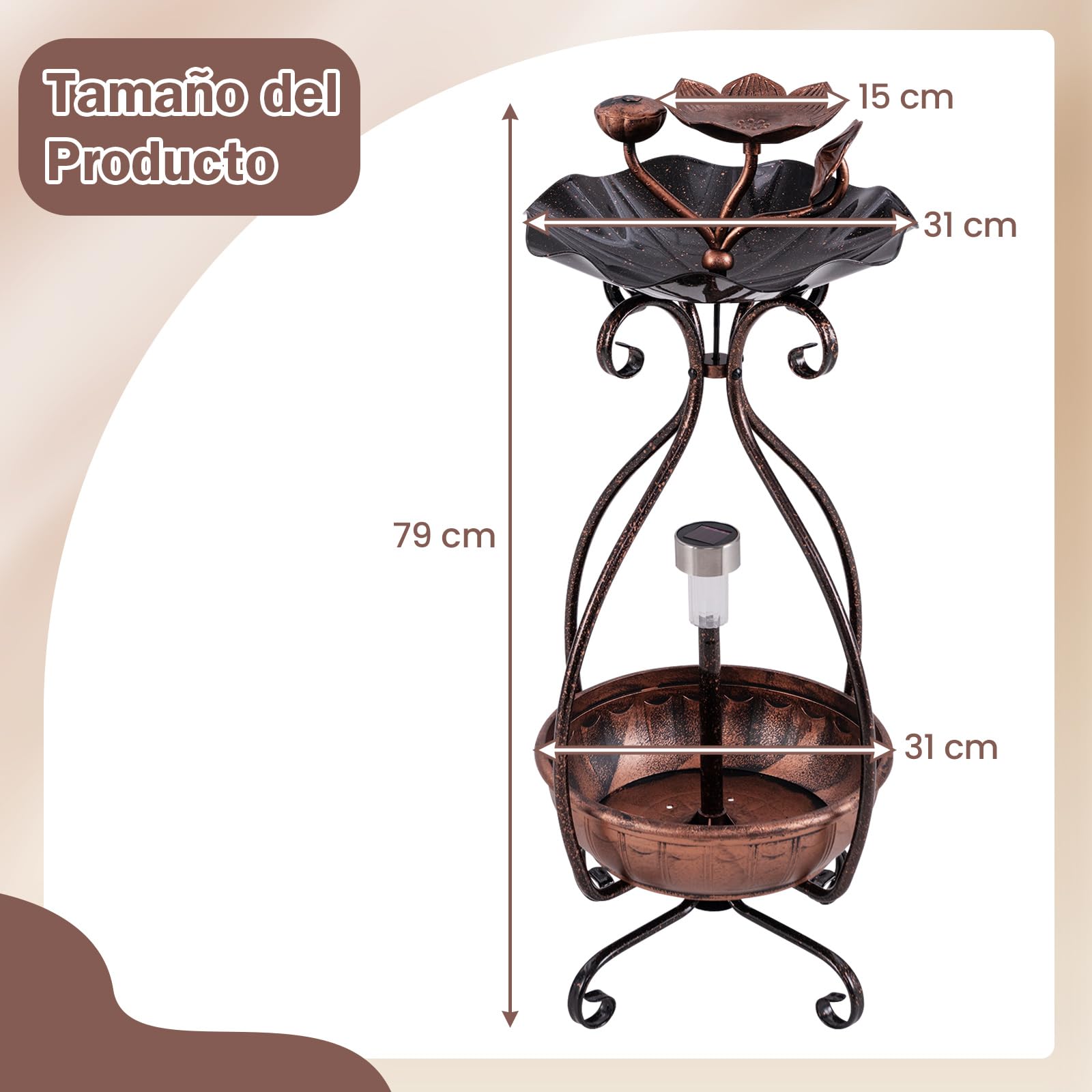 GYMAX Comedero Solar para Pájaros de Exterior, Bañera para Pájaros con Luz Solar LED, Jardinera Inferior de Flores, Marco Metálico, Bebedero Decorativo Vintaje para Ave (Bronce Antiguo)