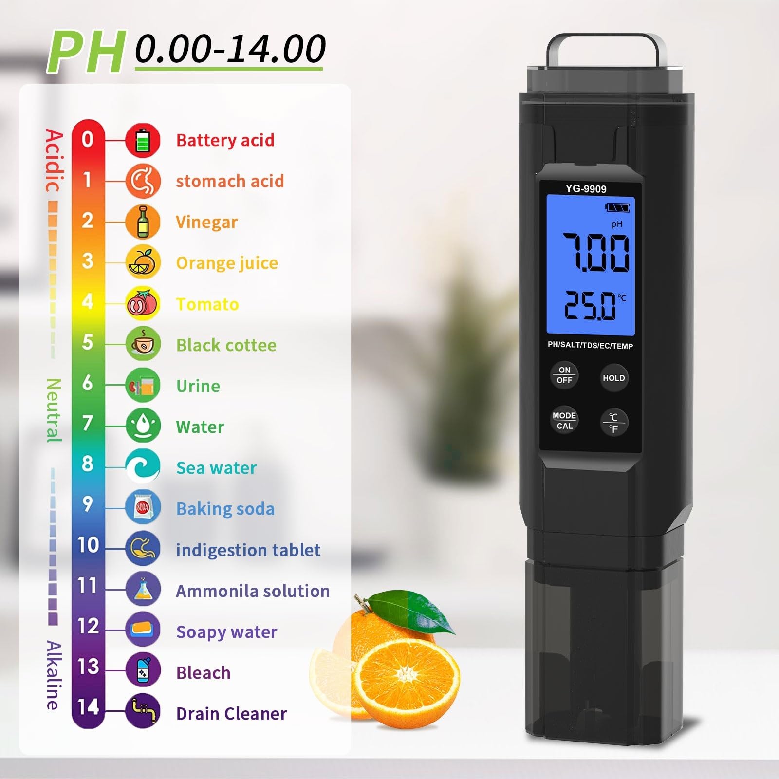 PH Mètre, Testeur 5 en 1 de salinité, pH, conductivité électrique (EC), TDS, température et ppm, haute précision (résolution de 0,01), for aquarium, hydroponie et piscine.