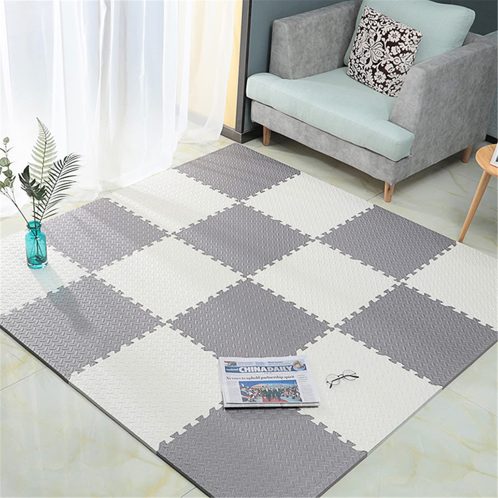 Tappeto Bambini Gioco,Tappeto Puzzle da Palestra in Schiuma Eva Tappetino Ad Incastro Tappeto Morbido Bimbi per Gattonare,Tappeto Decorativo Natalizio,50X50x0.8 Cm,White+Gray,9pcs