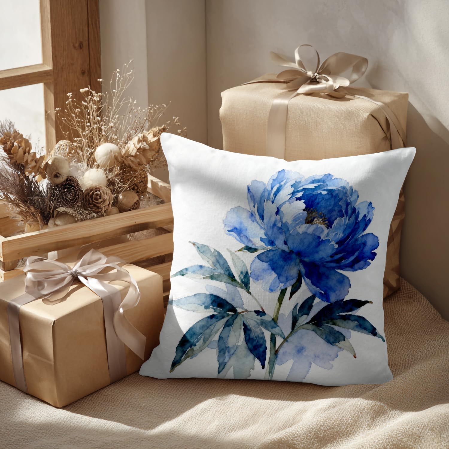 Batmerry Indigo Blue Hand Floral Bouquet Throw Pillow Covers, Watercolor White Flowers Decorative Pillow Covers Digital Printing Blended Fabric for Couch Sofa Bed Invisible Zipper 16X16 in(Set of 2)