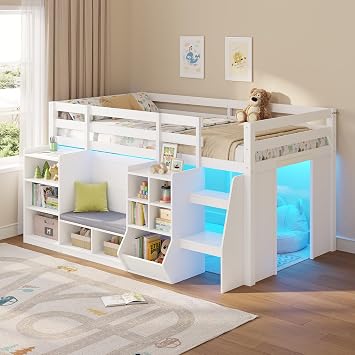 DICTAC Low Loft Bed Twin Size with Storage Bookcase and Led Lights, Wooden Kids Loft Bed with Under-Bed Play Space and Reading Nook,Kids Twin loft Beds with Stairs and 13.8H Safety Guardrail,White