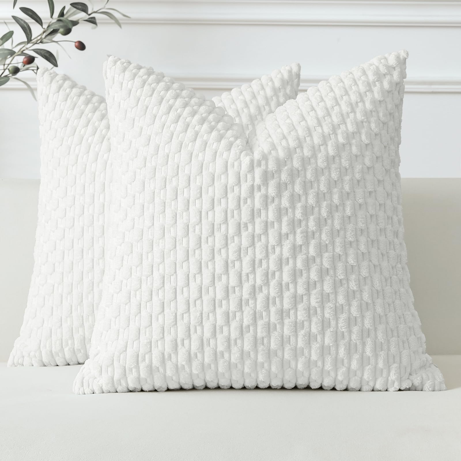 Sungeek Set of 2 White Soft Corduroy Decorative Cushion Covers Boho Striped Throw Pillow Covers for Sofa Couch Living Room Patio Farmhouse Home Decor Pillowcases 45x45cm โ image 1