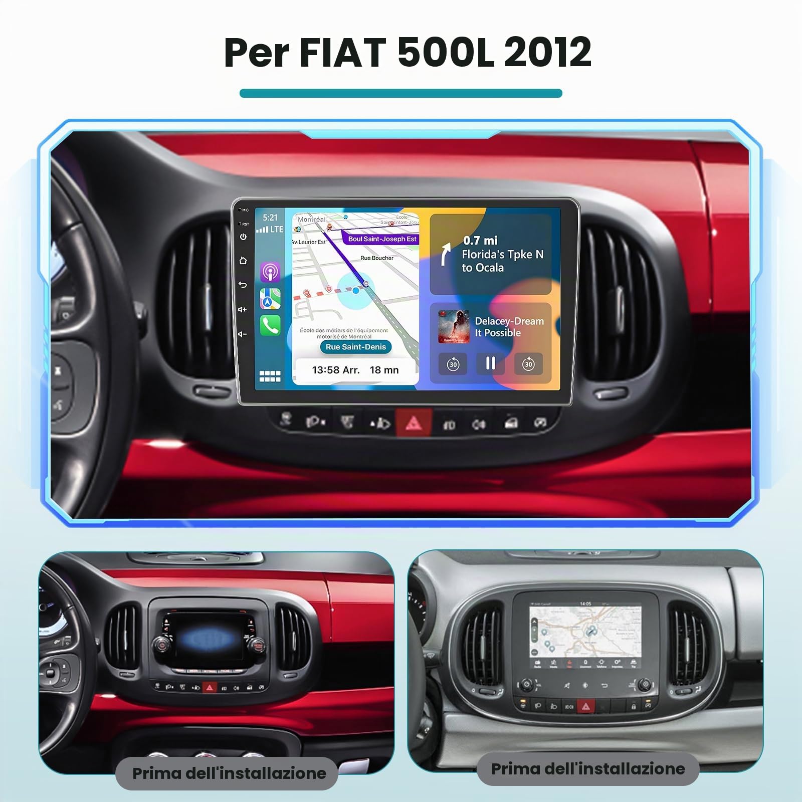Roinvou 2+64G Schermo Radio per FIAT 500L 2012-2017 Wireless CarPlay Android Auto, Android Autoradio 10.1 Pollici Stereo Auto con Wi-Fi GPS Bluetooth EQ FM/RDS SWC Telecamera Posteriore