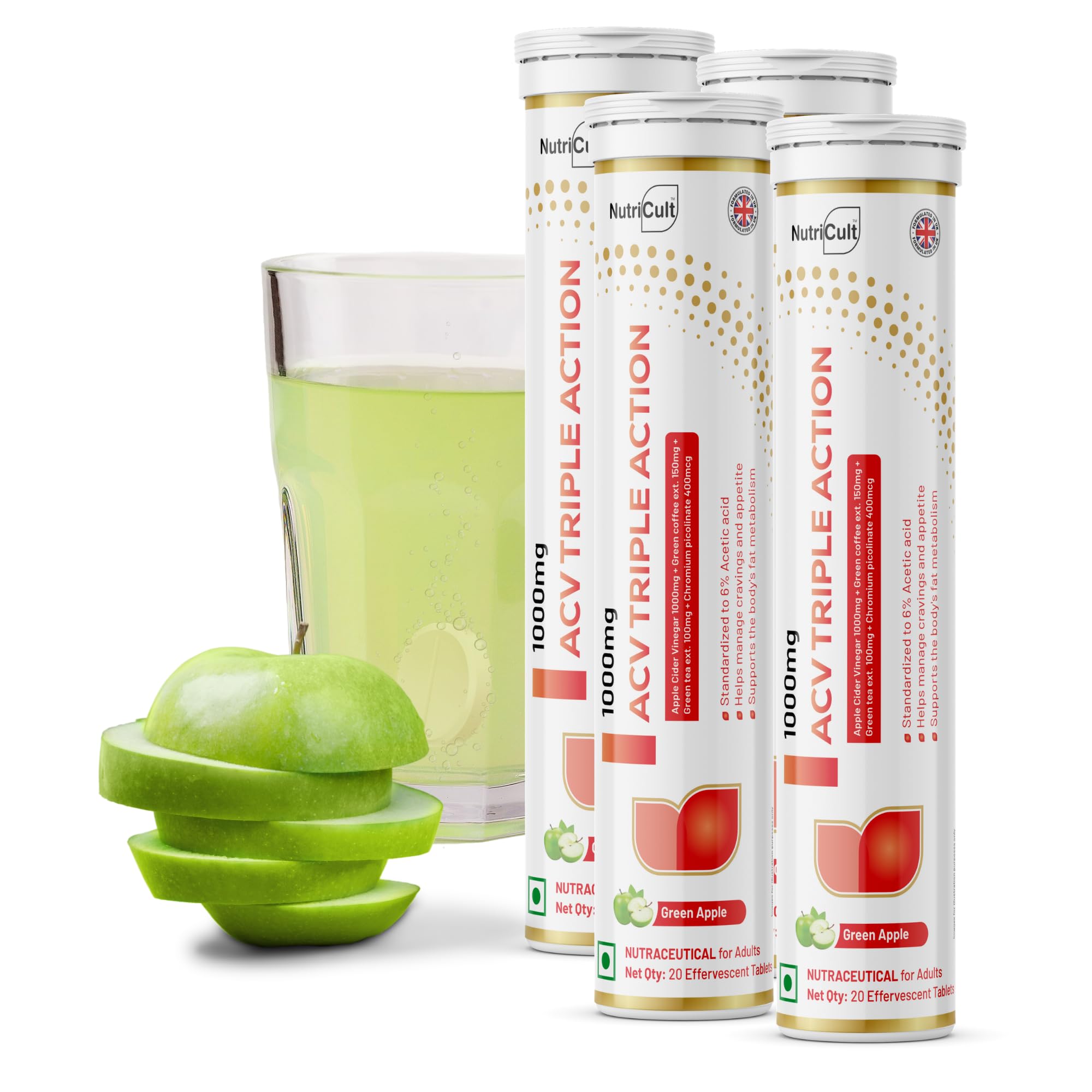 Nutricult Apple Cider Vinegar Effervescent Tablet 1000mg with The Mother Green Tea Extract, Green Coffee & Chromium Picolinate | ACV Tablets for Metabolism Support (80 Tablets (Pack of 4))